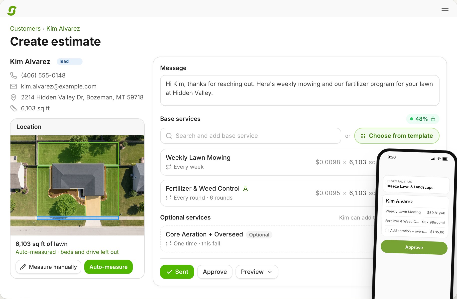 A new lead's lawn auto-measured from the aerial, priced by the square foot, and approved from her phone (example data)