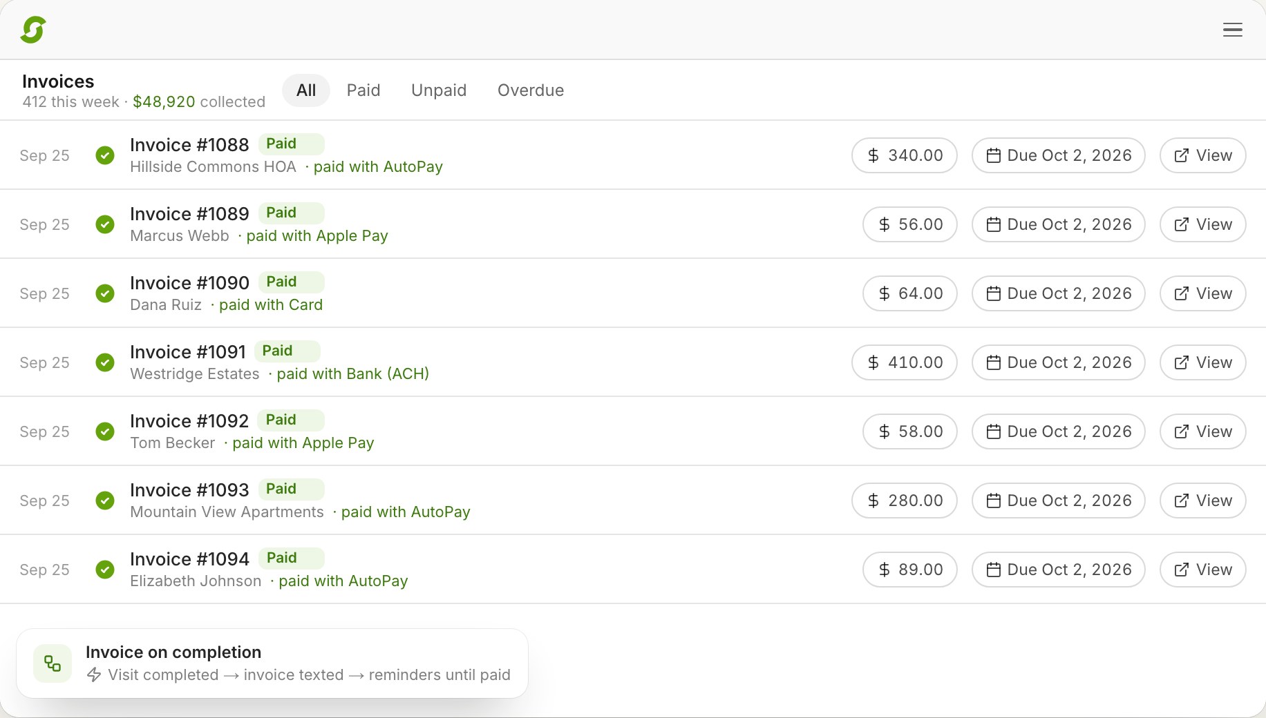 Invoices paid by AutoPay, Apple Pay, card, and bank transfer the morning after the work (example data)