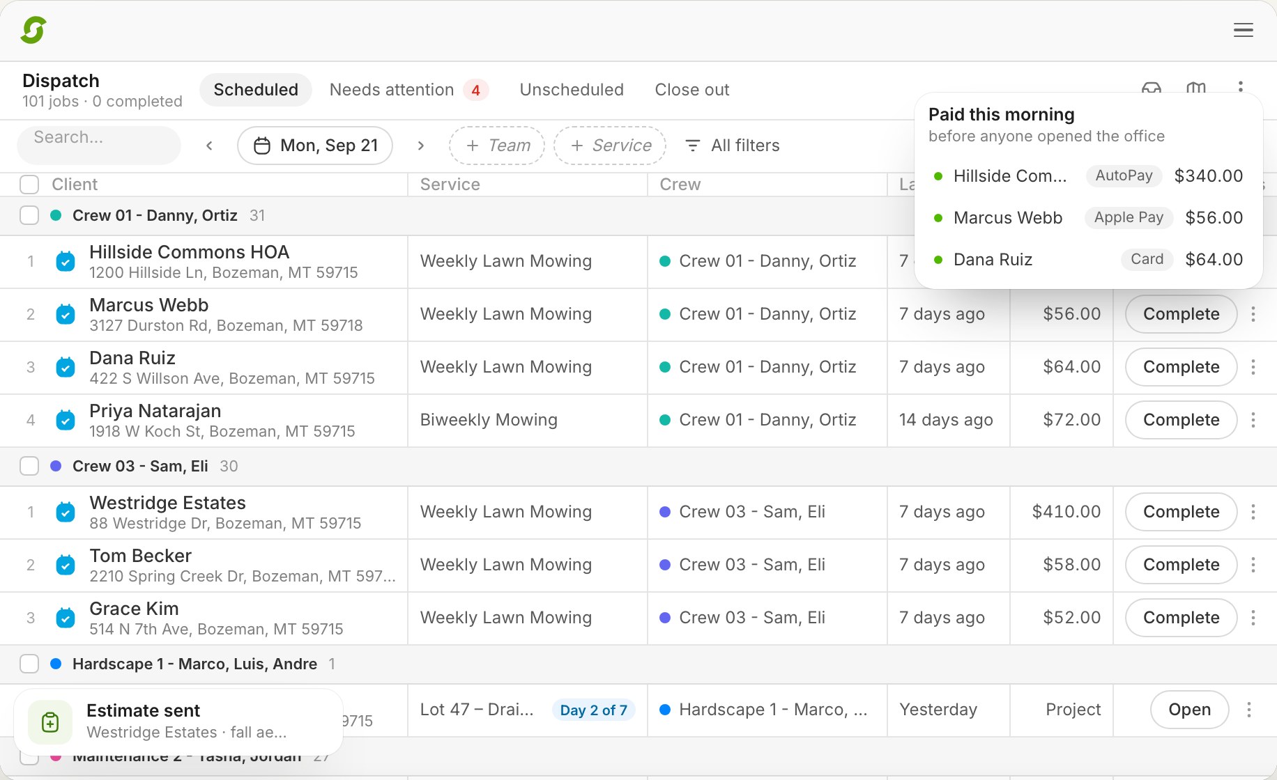The Shortcut dispatch board: every crew's stops for the day, in driving order, with payments arriving (example data)